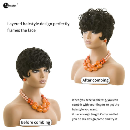 Gray Pixie Cut Wig With Bangs for Black Women - Short Curly Natural Wavy Fluffy Style (Grey)