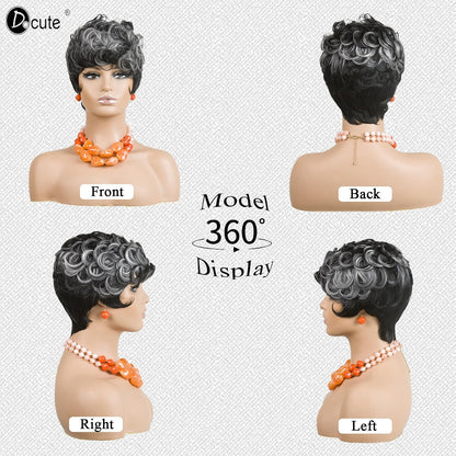Gray Pixie Cut Wig With Bangs for Black Women - Short Curly Natural Wavy Fluffy Style (Grey)