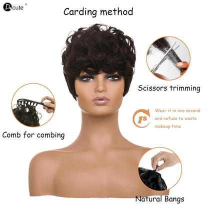 Gray Pixie Cut Wig With Bangs for Black Women - Short Curly Natural Wavy Fluffy Style (Grey)
