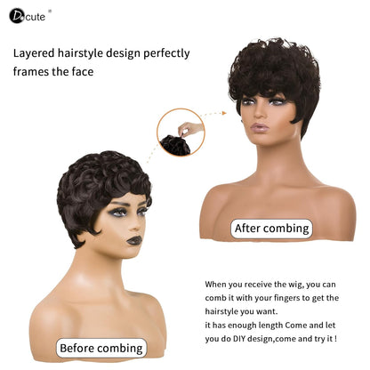 Gray Pixie Cut Wig With Bangs for Black Women - Short Curly Natural Wavy Fluffy Style (Grey)