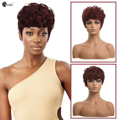 Gray Pixie Cut Wig With Bangs for Black Women - Short Curly Natural Wavy Fluffy Style (Grey)