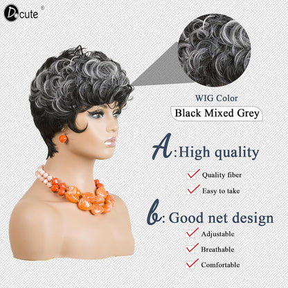 Gray Pixie Cut Wig With Bangs for Black Women - Short Curly Natural Wavy Fluffy Style (Grey)