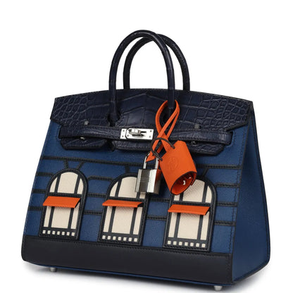 Herthtmes Night Sac Faubourg Birkin 20 Bleu Marine Matte Alligator Pallad