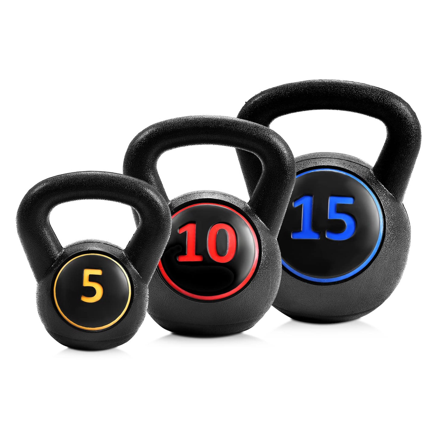 3 Pieces Kettlebell Set, 5, 10, 15 lbs HDPE Coated Concrete Fitness Kettle Bells