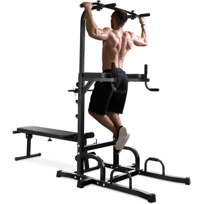 Goplus Power Tower with Bench, Multifunctional Home Gym Pull Up Bar Stand Dip Station w/ 7 Adjustable Heights & Foldable Weight Bench