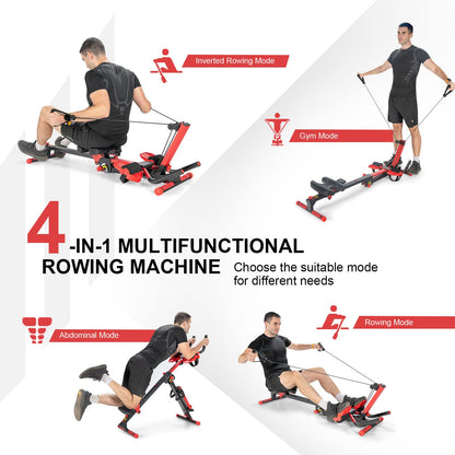 4 in 1 Folding Rowing Machine, AB Crunch Workout Machine w/3-Level Angle & Adjustable Tension