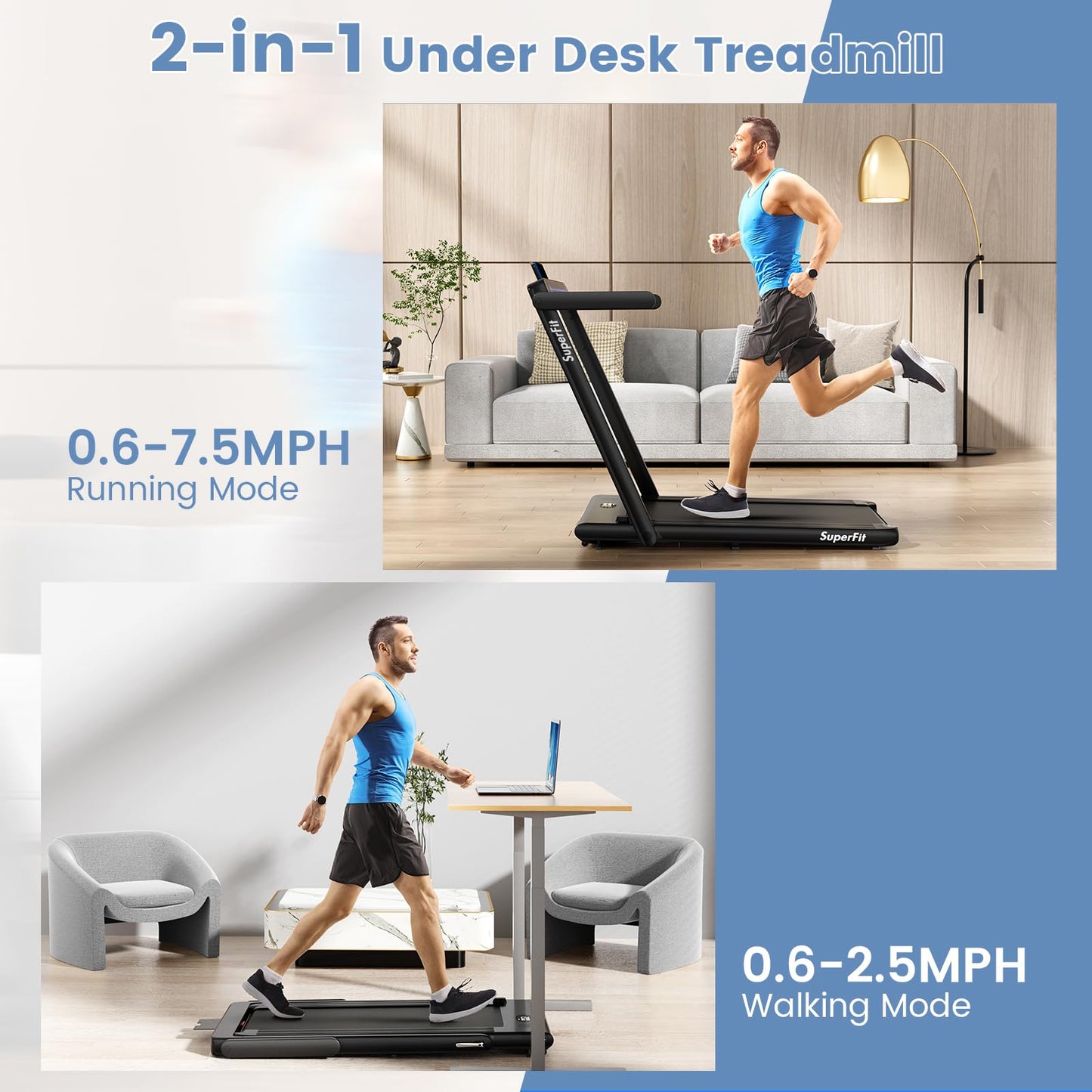 Goplus 2 in 1 Under Desk Treadmill, 2.5HP Superfit Folding Treadmill with Touch Panel Control, Treadmills for Home Office