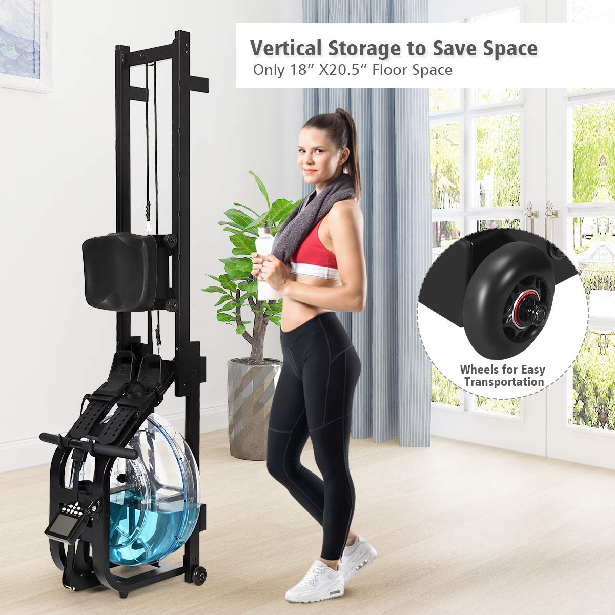 Water Rowing Machine Dual Track Adjustable Resistance with LCD Display and Large Weight Capacity for Home Use