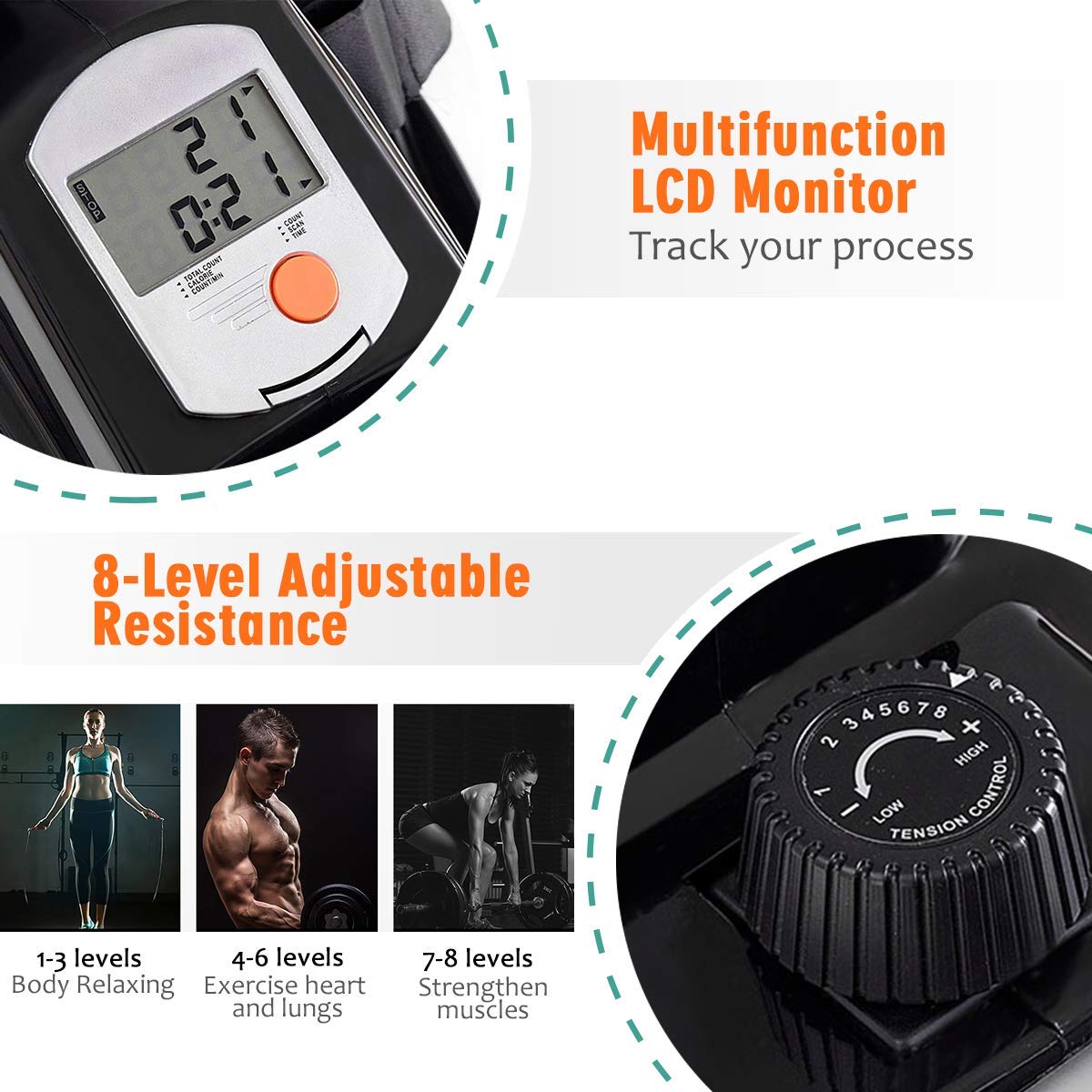 Folding Rowing Machine,Magnetic Rower with Adjustable Resistance and LCD Display