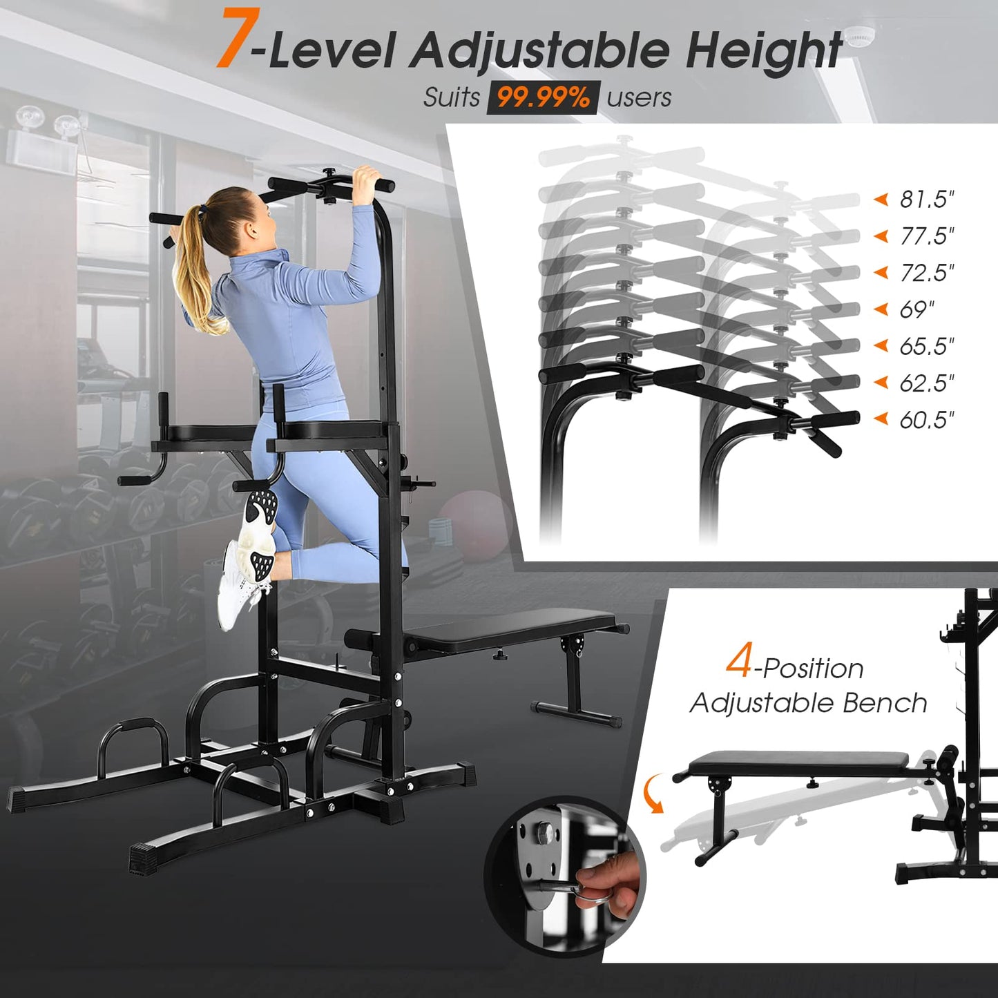 Goplus Power Tower with Bench, Multifunctional Home Gym Pull Up Bar Stand Dip Station w/ 7 Adjustable Heights & Foldable Weight Bench