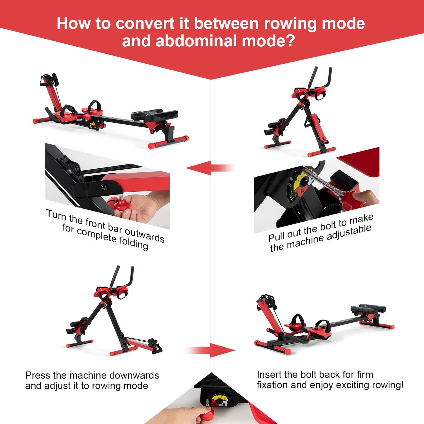 4 in 1 Folding Rowing Machine, AB Crunch Workout Machine w/3-Level Angle & Adjustable Tension