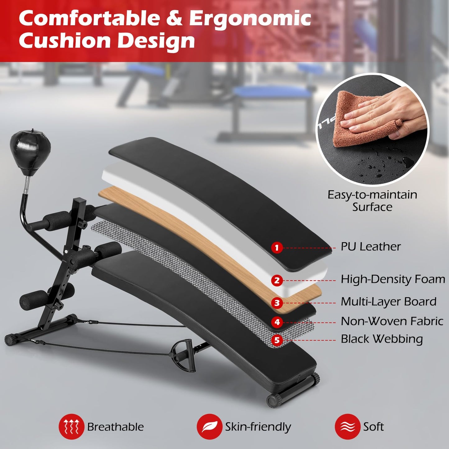 Goplus Adjustable Decline Sit Up Bench for Exercise, Foldable Curved Slant Bench