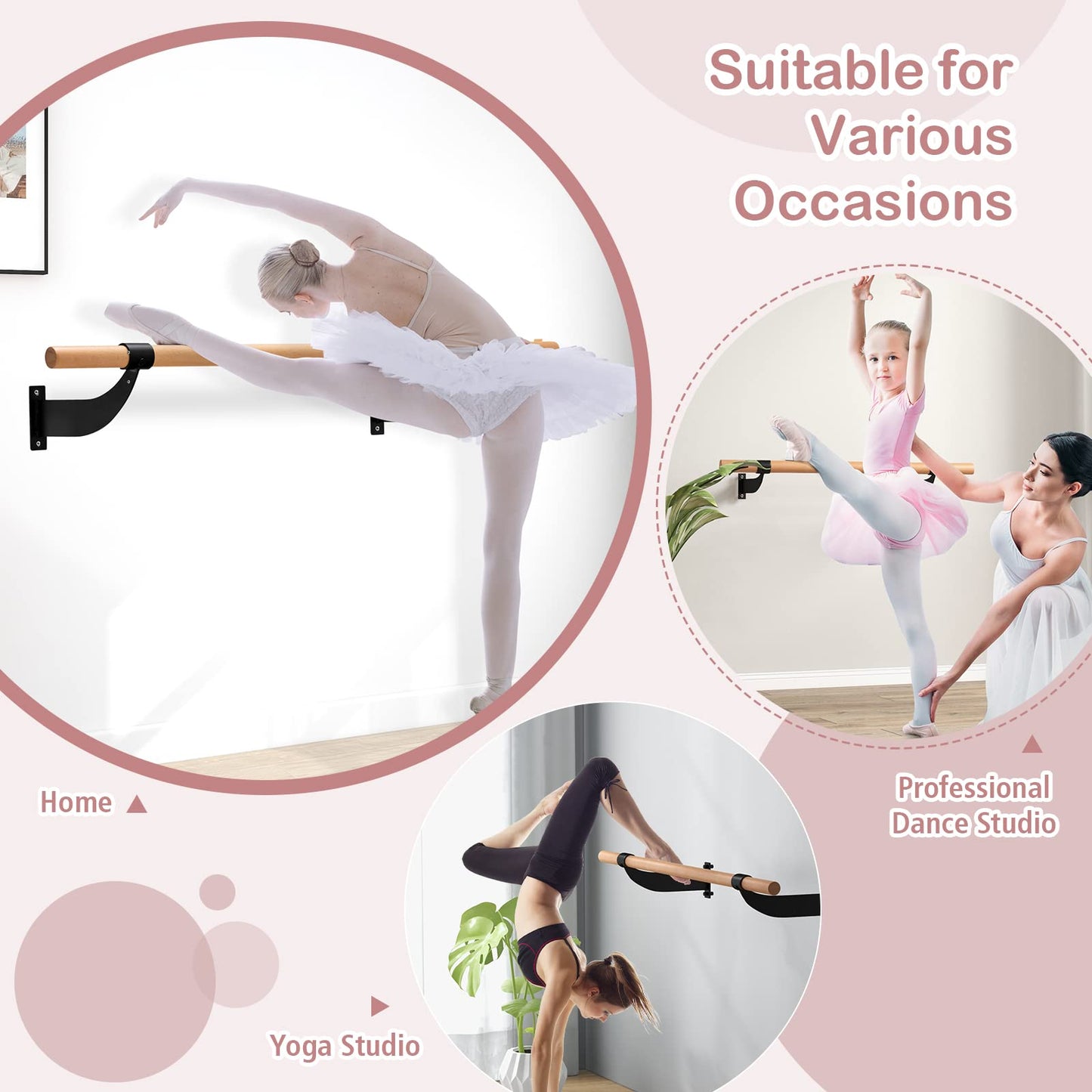 Goplus Wall Mounted Ballet Barre, 4 FT Solid Beech Wood Ballet Bar