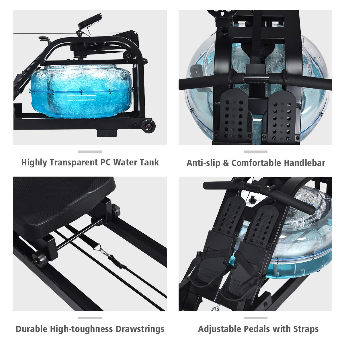 Water Rowing Machine Dual Track Adjustable Resistance with LCD Display and Large Weight Capacity for Home Use