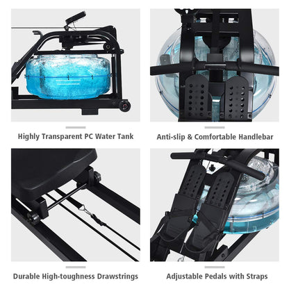 Water Rowing Machine Dual Track Adjustable Resistance with LCD Display and Large Weight Capacity for Home Use