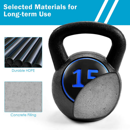 3 Pieces Kettlebell Set, 5, 10, 15 lbs HDPE Coated Concrete Fitness Kettle Bells