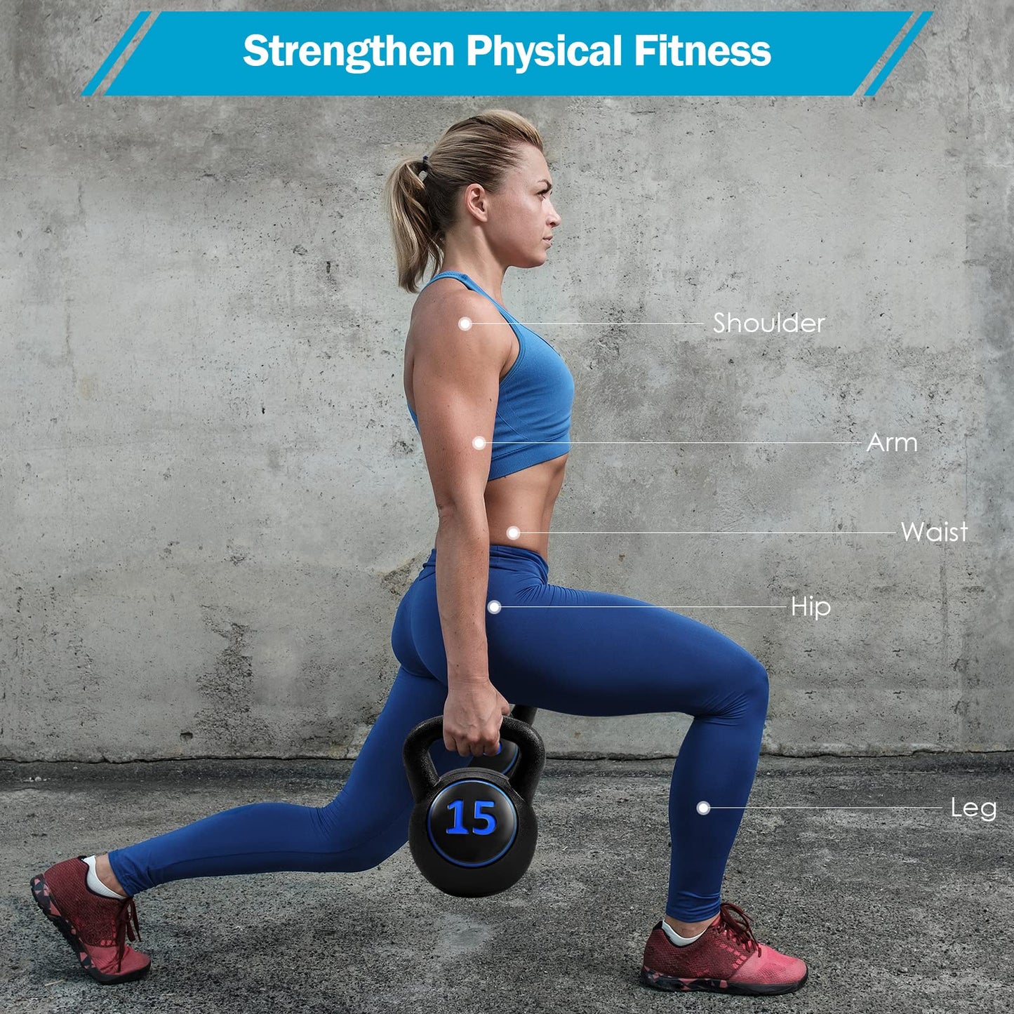 3 Pieces Kettlebell Set, 5, 10, 15 lbs HDPE Coated Concrete Fitness Kettle Bells