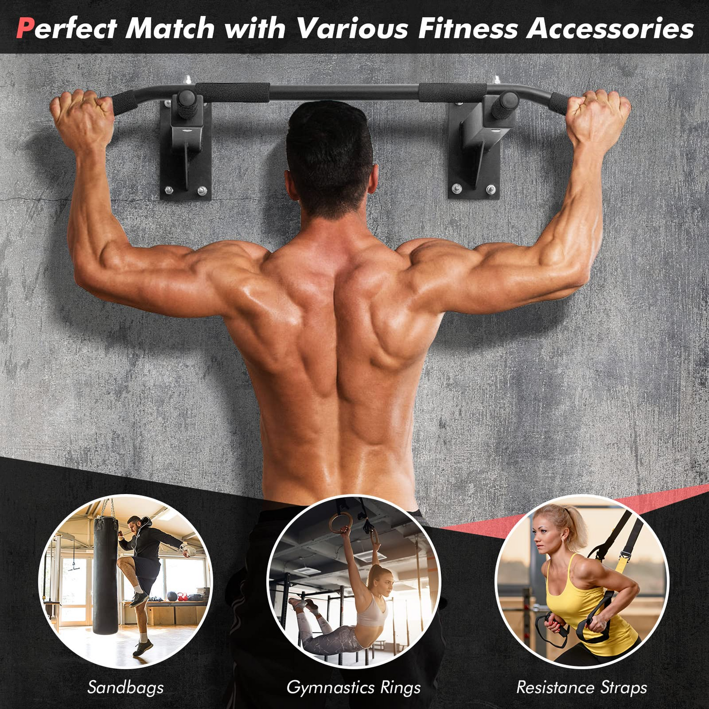 Goplus Wall Mounted Pull Up Bar, Steel Chin Up Bar w/ 3 Grip Positions