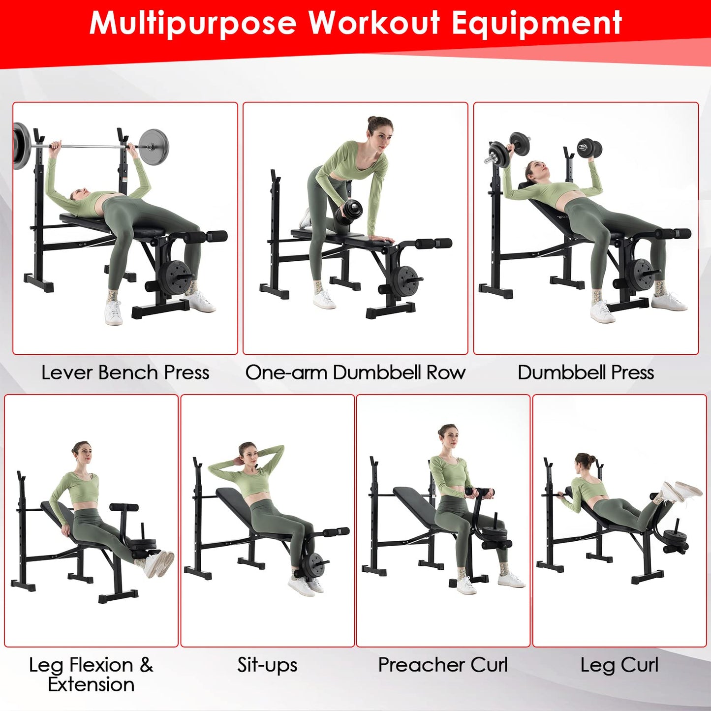 Goplus Adjustable Olympic Weight Bench Barbell Rack Set, Foldable Workout Bench Press Set with Leg Developer