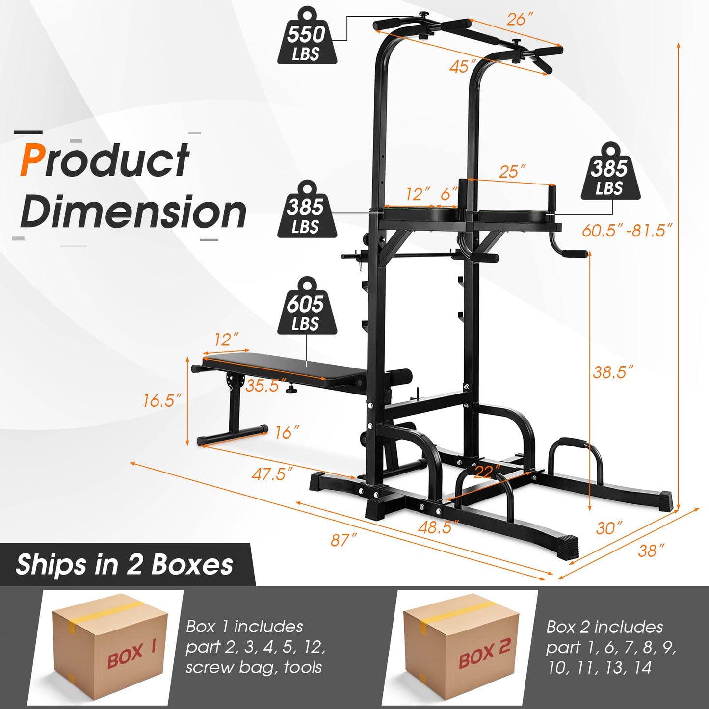 Goplus Power Tower with Bench, Multifunctional Home Gym Pull Up Bar Stand Dip Station w/ 7 Adjustable Heights & Foldable Weight Bench