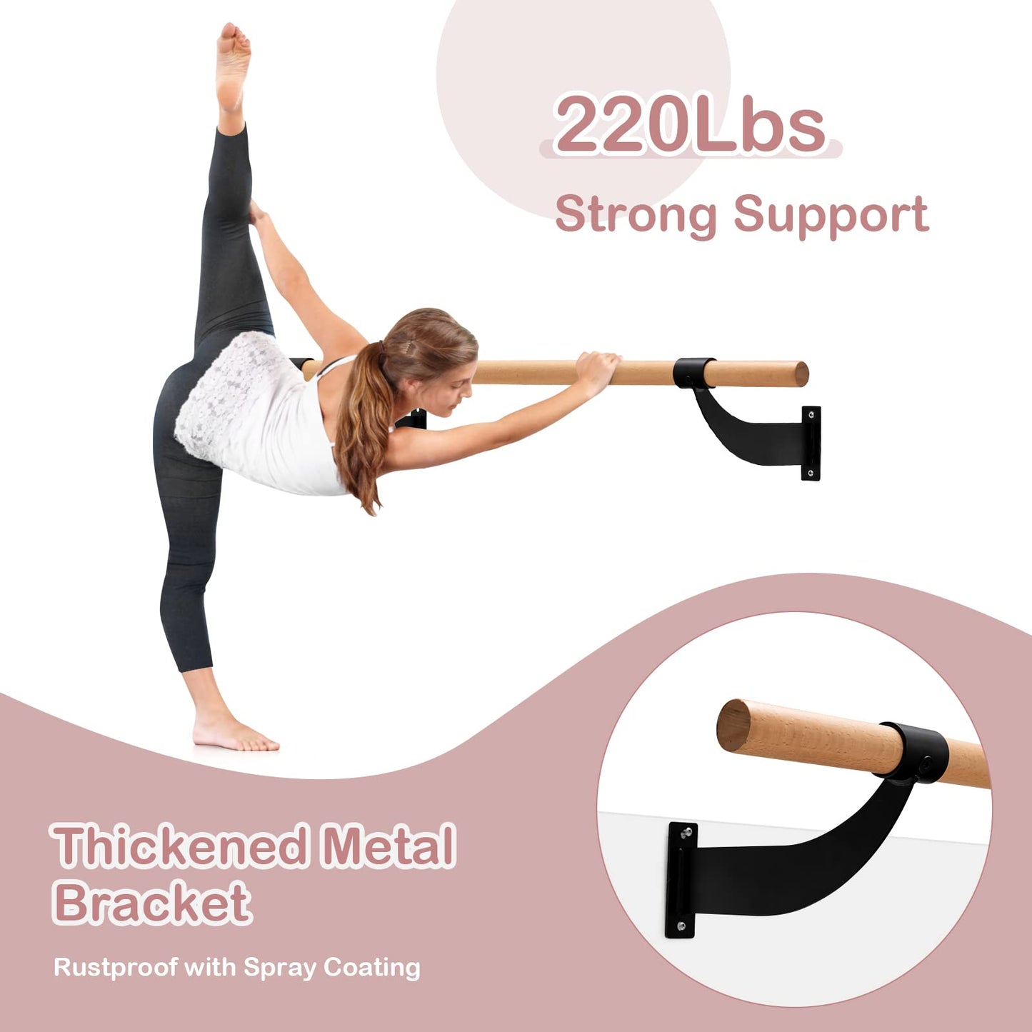 Goplus Wall Mounted Ballet Barre, 4 FT Solid Beech Wood Ballet Bar