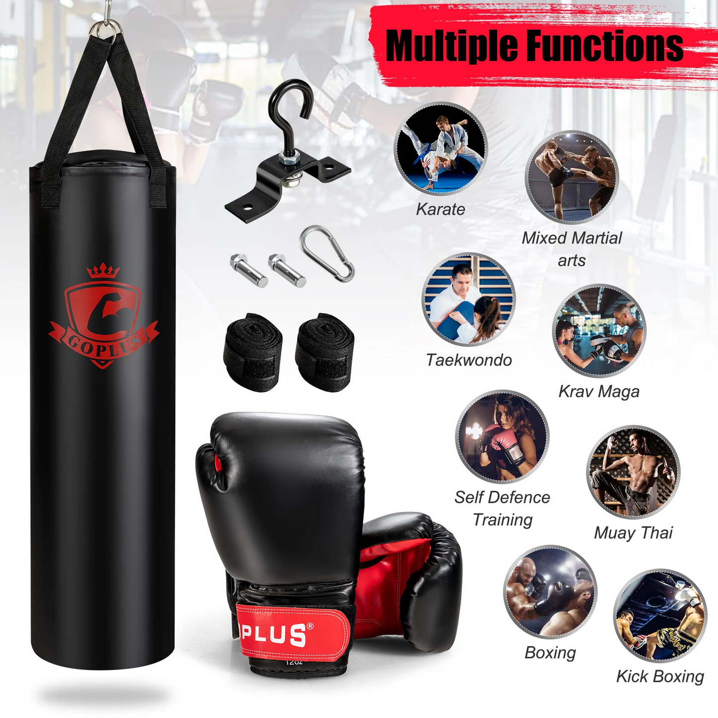 Goplus Punching Bag for Adults, 63LBS Filled Hanging Boxing Bag Set with 12OZ Boxing Gloves & 95 Hand Wraps