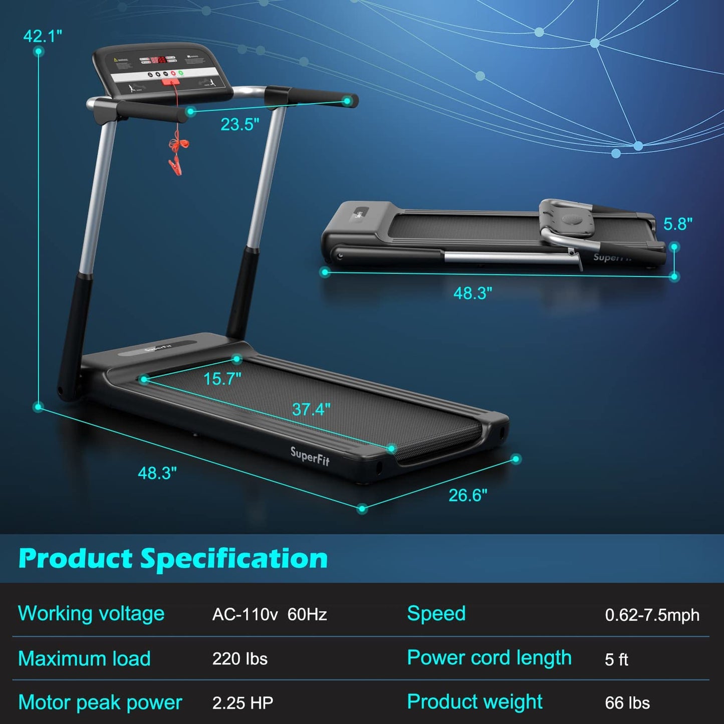 Goplus 2.25HP Folding Treadmill, Compact Superfit Treadmill with LED Display and APP Control