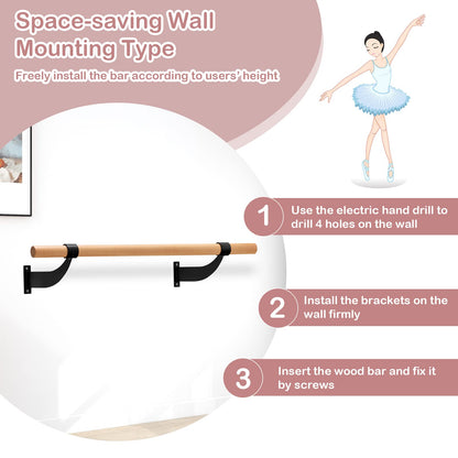 Goplus Wall Mounted Ballet Barre, 4 FT Solid Beech Wood Ballet Bar