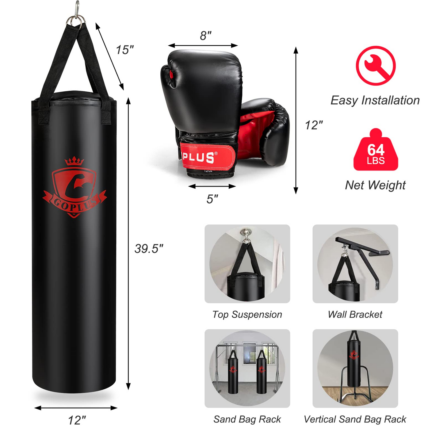 Goplus Punching Bag for Adults, 63LBS Filled Hanging Boxing Bag Set with 12OZ Boxing Gloves & 95 Hand Wraps