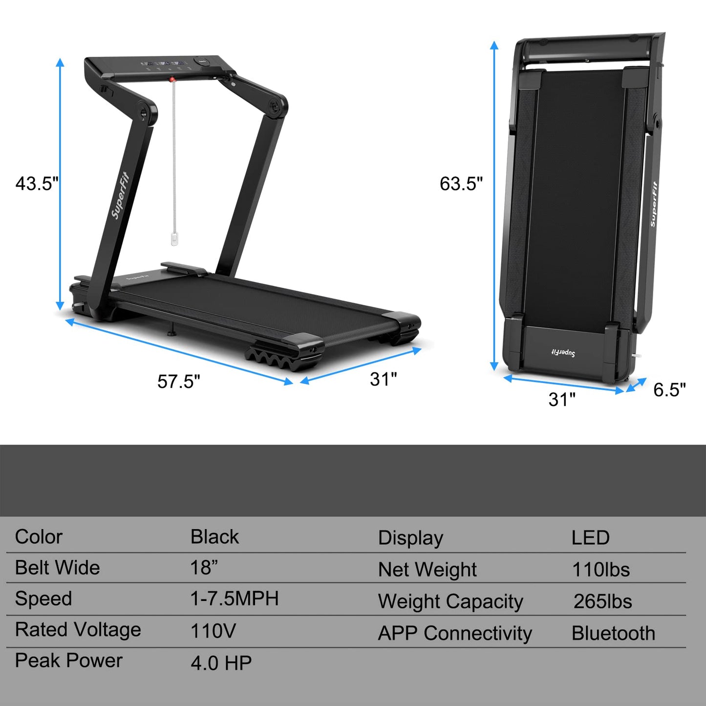 4.0HP Heavy Duty Folding Treadmill, Electric Foldable Superfit Treadmill with LED Touch Screen