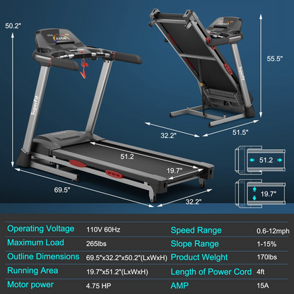 Goplus 4.75HP Folding Treadmill for Home Gym, Commercial Heavy Duty Superfit Treadmill with 15% Auto Incline