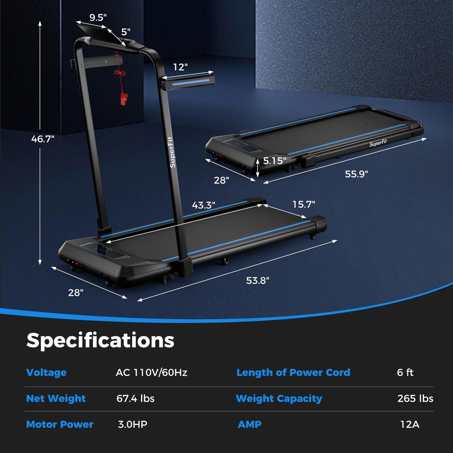 Goplus 2 in 1 Folding Treadmill with Incline, 3.0HP Walking Pad, 265lb Capacity Under Desk Treadmill with Remote Control, APP and LED Display