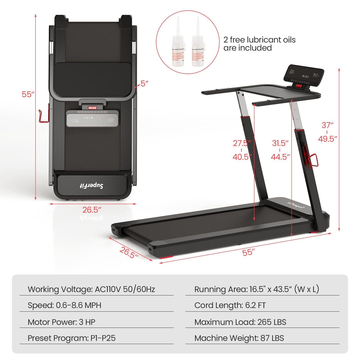 Goplus 3HP FoldableTreadmill, Folding SuperFit Treadmill with Desk