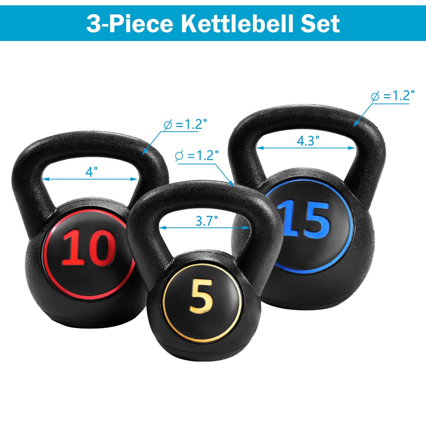 3 Pieces Kettlebell Set, 5, 10, 15 lbs HDPE Coated Concrete Fitness Kettle Bells